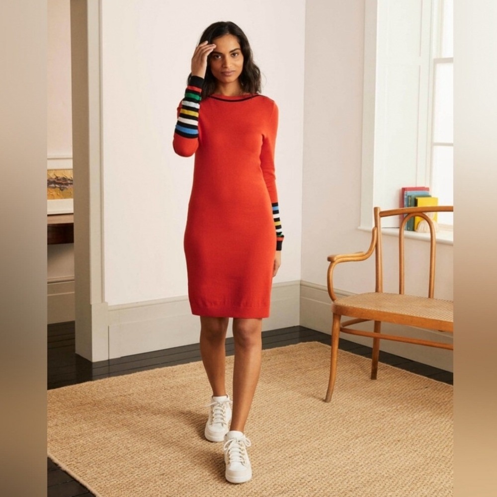 Boden Sweater Dress Women's 6 Orange Rainbow Stripe Cuff Long Sleeve Wool Blend